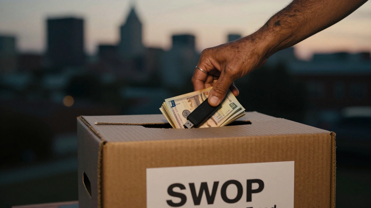 A hand placing cash and a USB drive into a donation box labeled SWOP Emergency Fund at dusk.