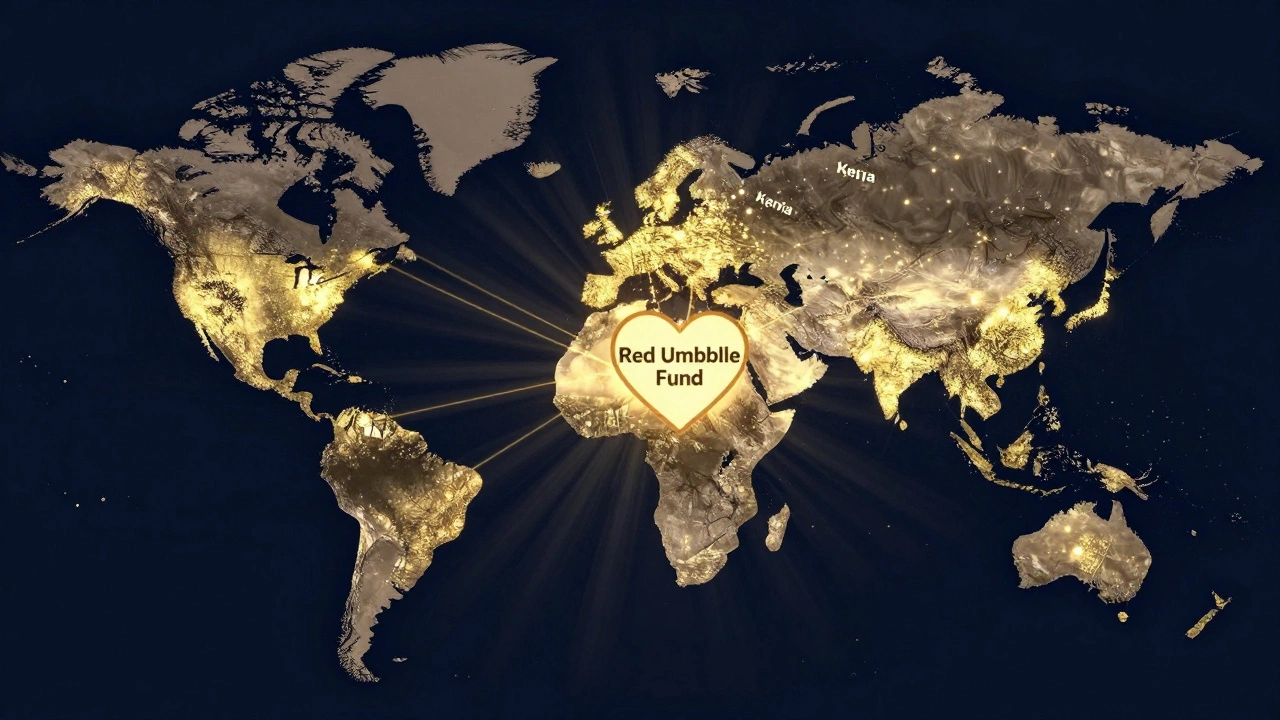 Global map with glowing dots connecting sex worker organizations across continents under a golden heart.